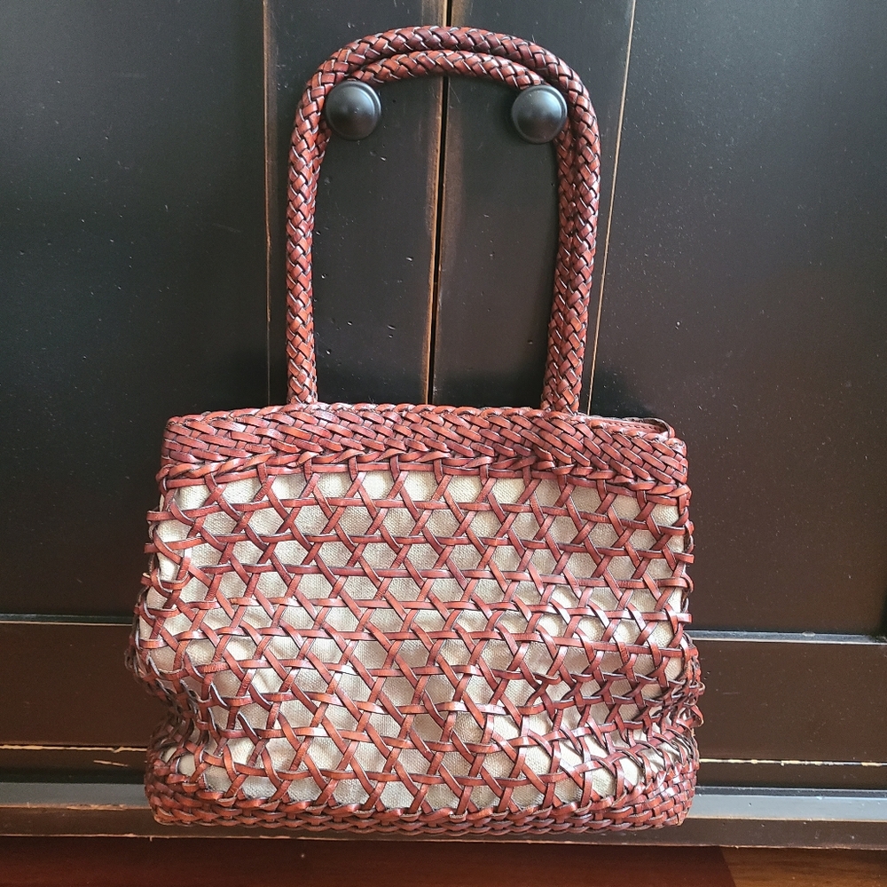 Vintage Talbots Leather & Linen Basket Weave Purse/Tote Brown & Beige